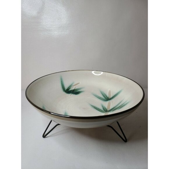 Vintage Japan Pottery Green Bamboo Pattern Bowl Black Rim With Stand Large RARE - Picture 2 of 8
